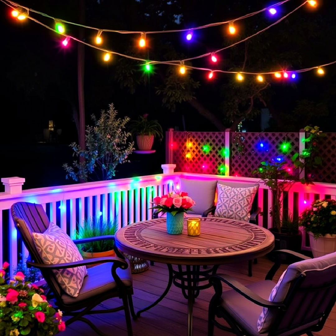 colored string lights for patio - 40 Patio String Light Ideas