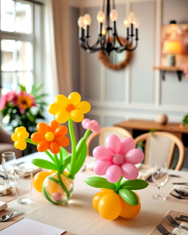 colorful balloon flower bouquets centerpiece - 25 Balloon Centerpiece Ideas