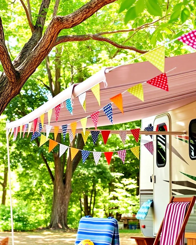 colorful bunting to add festive touch - 30 Rv Campsite Decorating Ideas