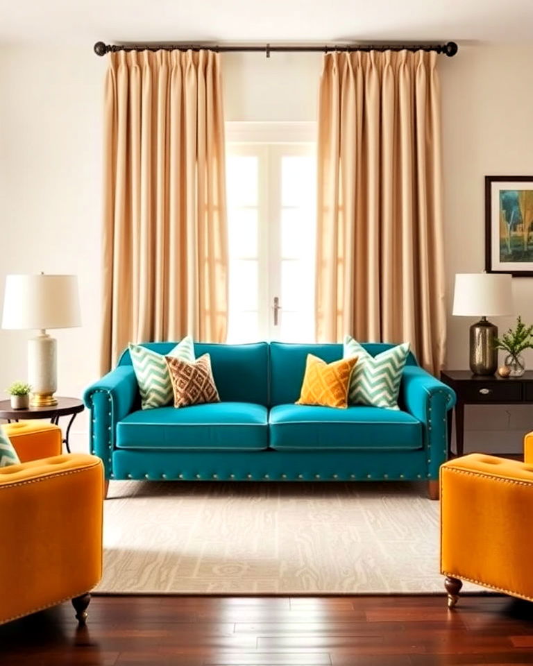 colorful couch with contrasting drapes design - 20 Couch in Front of Window Ideas