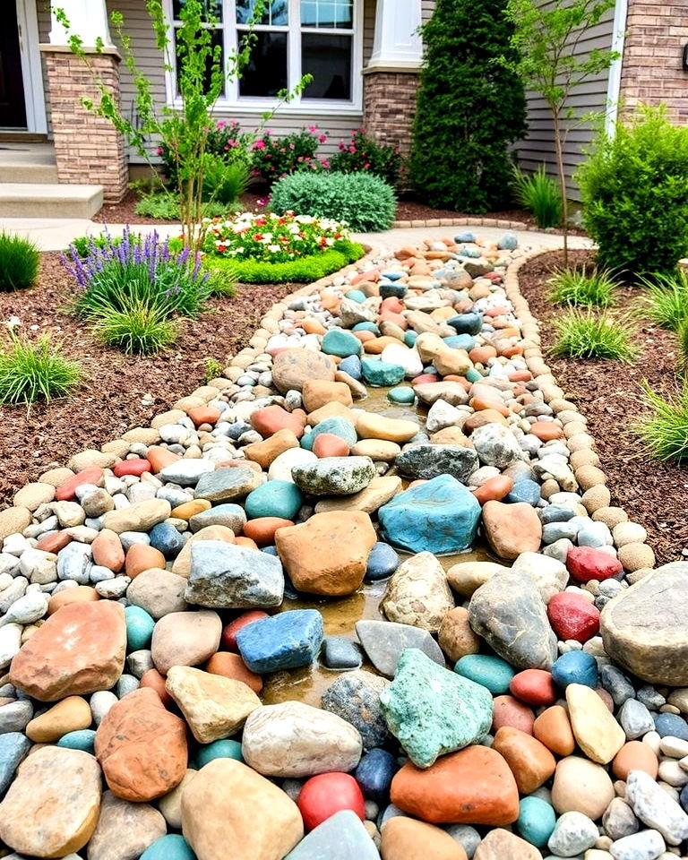 colorful river rocks for dry creek bed - 30 Front Yard Dry Creek Bed Landscaping Ideas