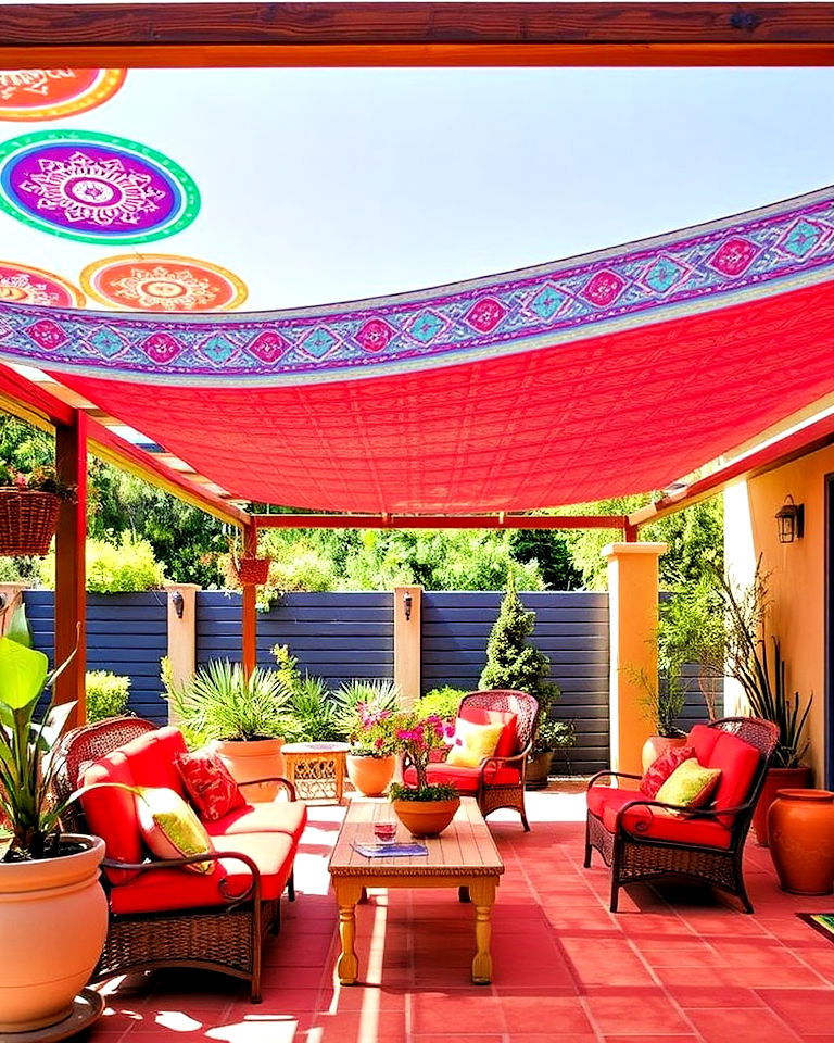 colorful shade canopy for mexican garden - 25 Mexican Garden Ideas