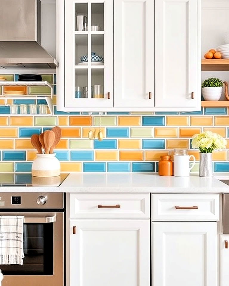 colorful subway tiles backsplash and white cabinets - 40 Kitchen Backsplash Ideas for White Cabinets
