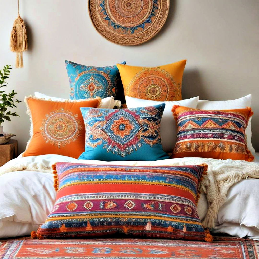 colorful throw pillows for boho bedroom - 40 Boho Bedroom Ideas