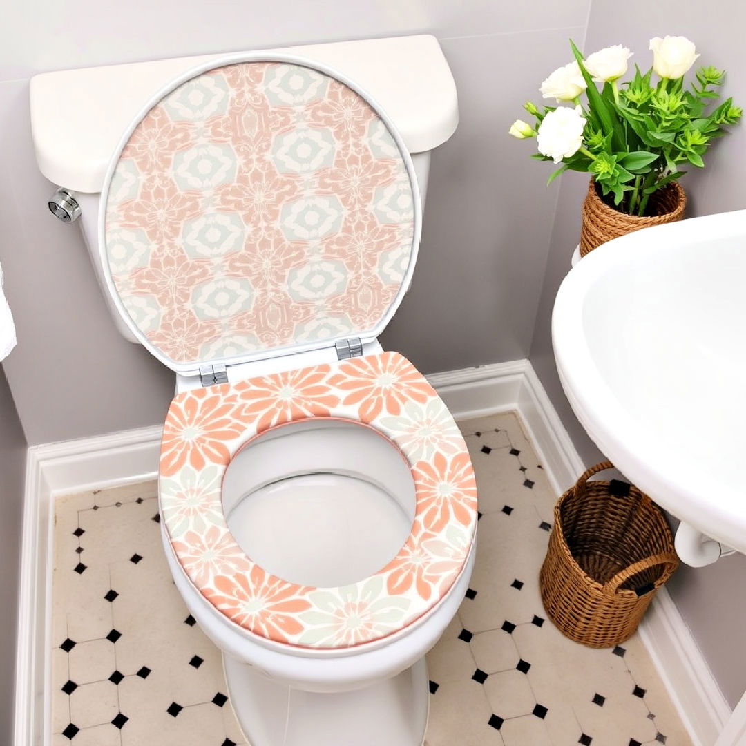 colorful toilet seat with patterned design - 25 Colorful Bathroom Ideas