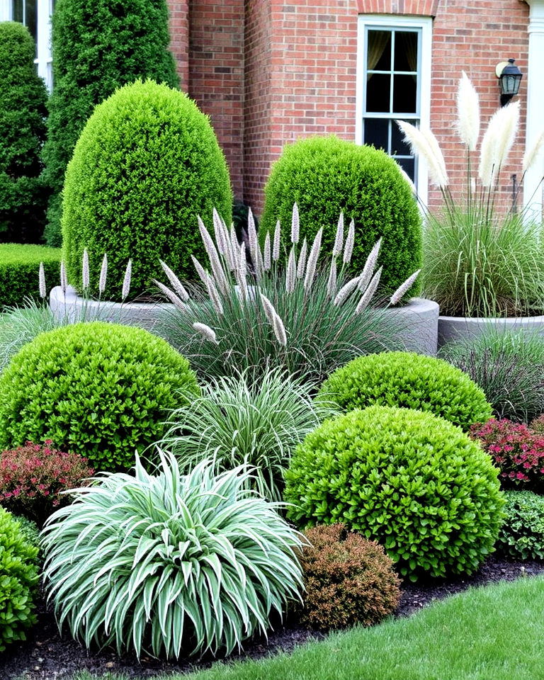 combine boxwood shrubs and other perennials - 20 Front Yard Boxwood Shrubs