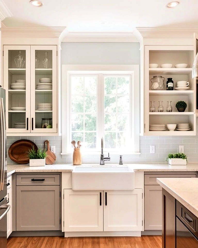 combine glass cabinets with open shelving - 15 Kitchen Cabinets With Glass Doors
