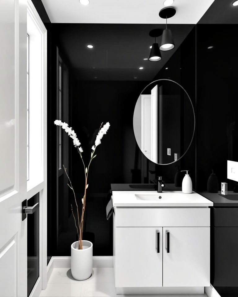 combine high gloss black walls with matte white elements - 20 Black and White Powder Room Ideas