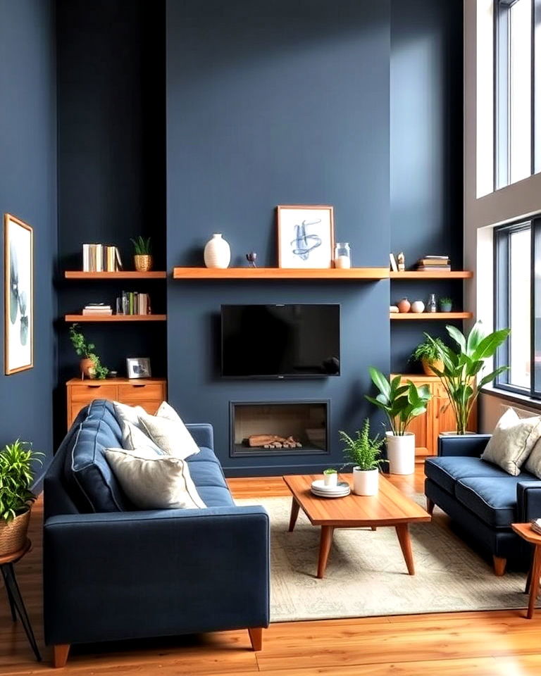 combine navy blue and wood tones - 25 Navy Blue Living Room Ideas
