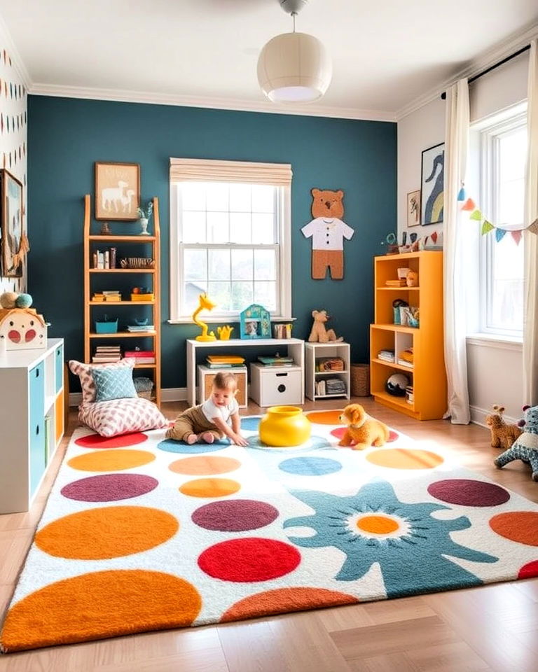 comfortable bold patterned rug - 40 Toddler Room Ideas