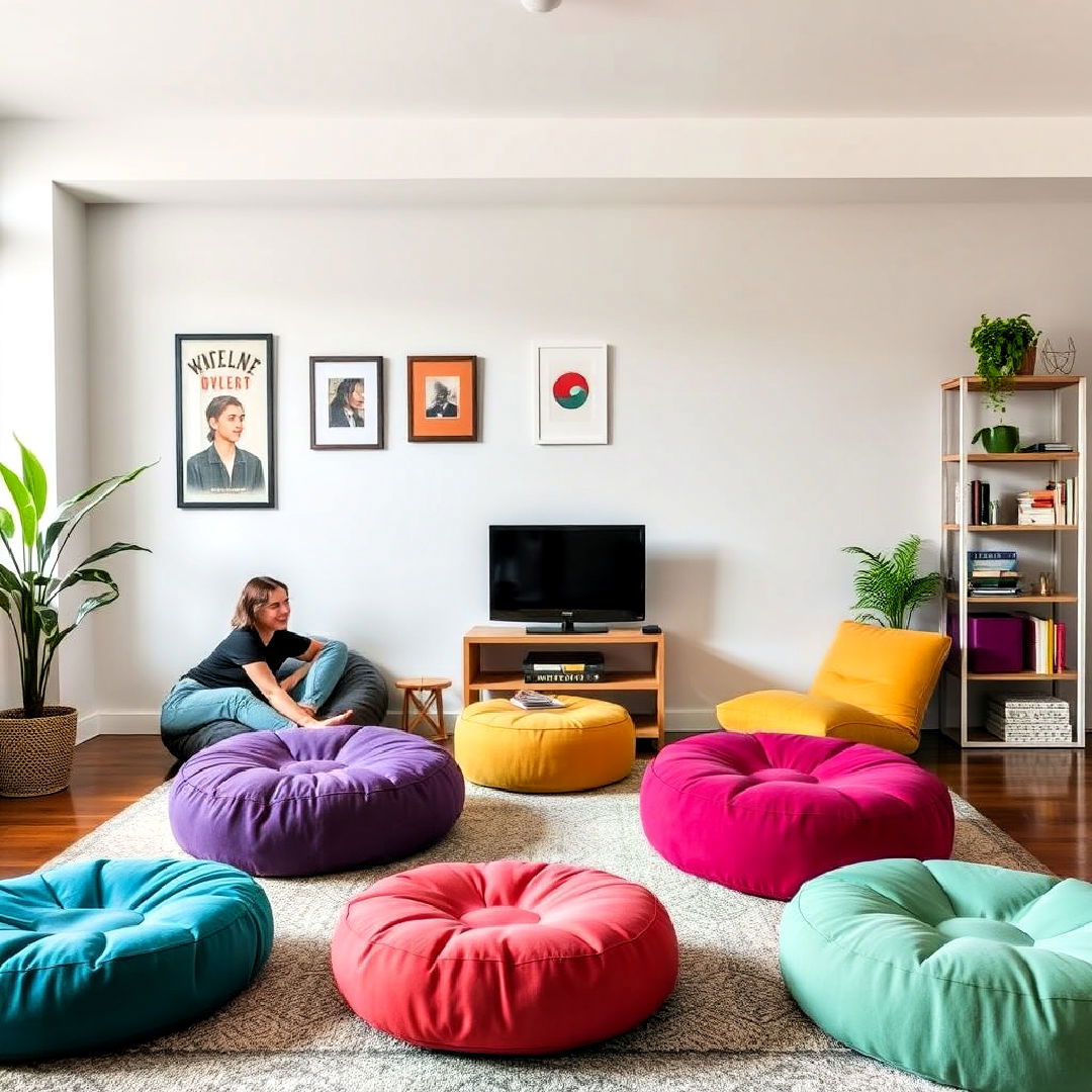 comfortable colorful floor cushions - 40 Teen Hangout Room Ideas