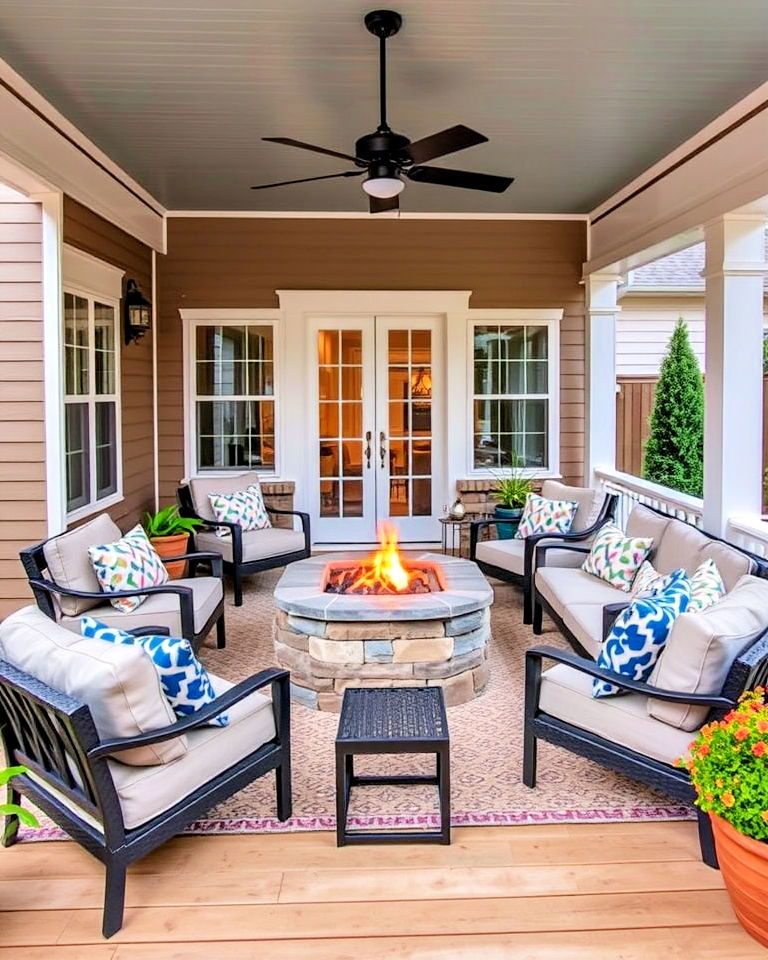 comfortable firepit centric covered porch - 40 Covered Porch Ideas