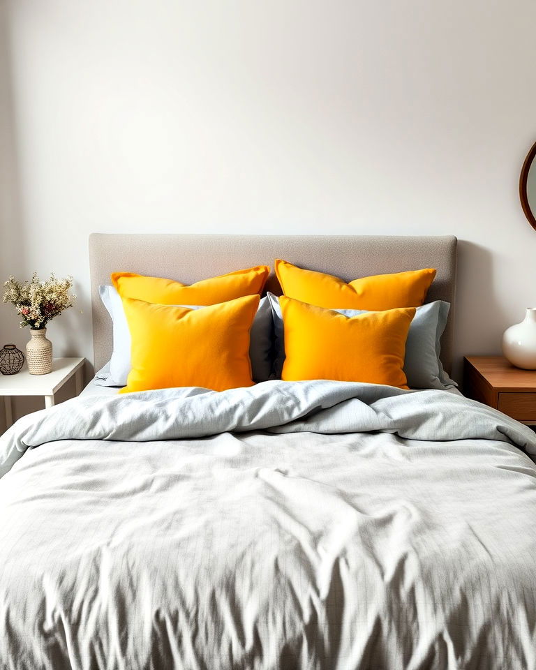 comfortable grey bedding with yellow accent pillows - 25 Yellow and Grey Bedroom Ideas