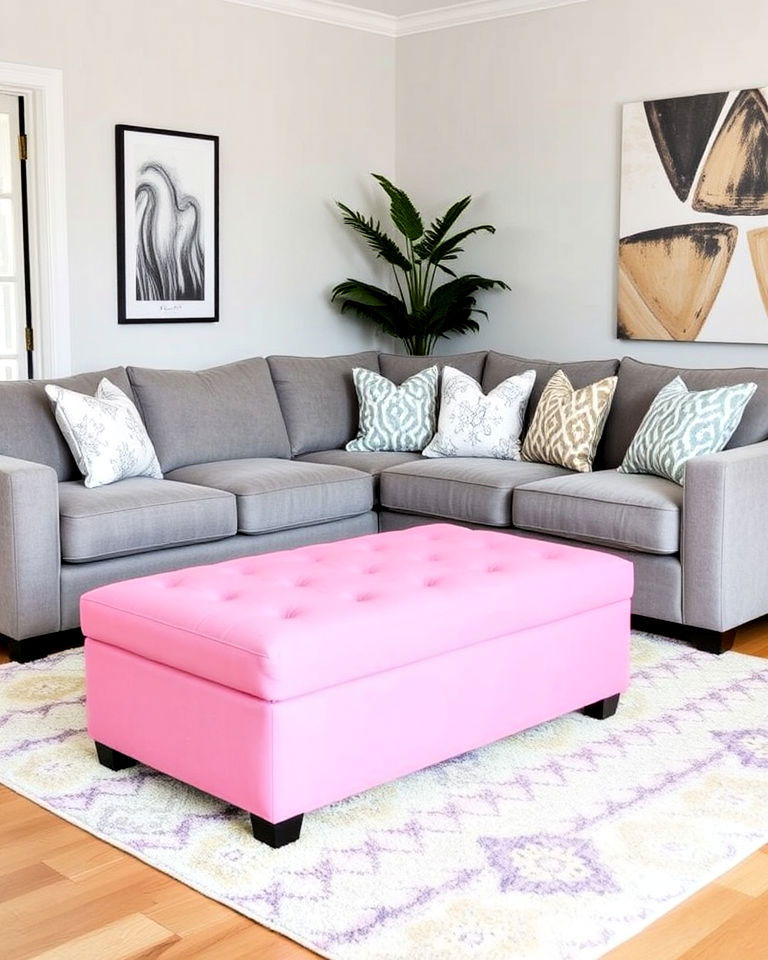 comfortable grey sectional with pink ottoman - 25 Pink and Grey Living Room Ideas