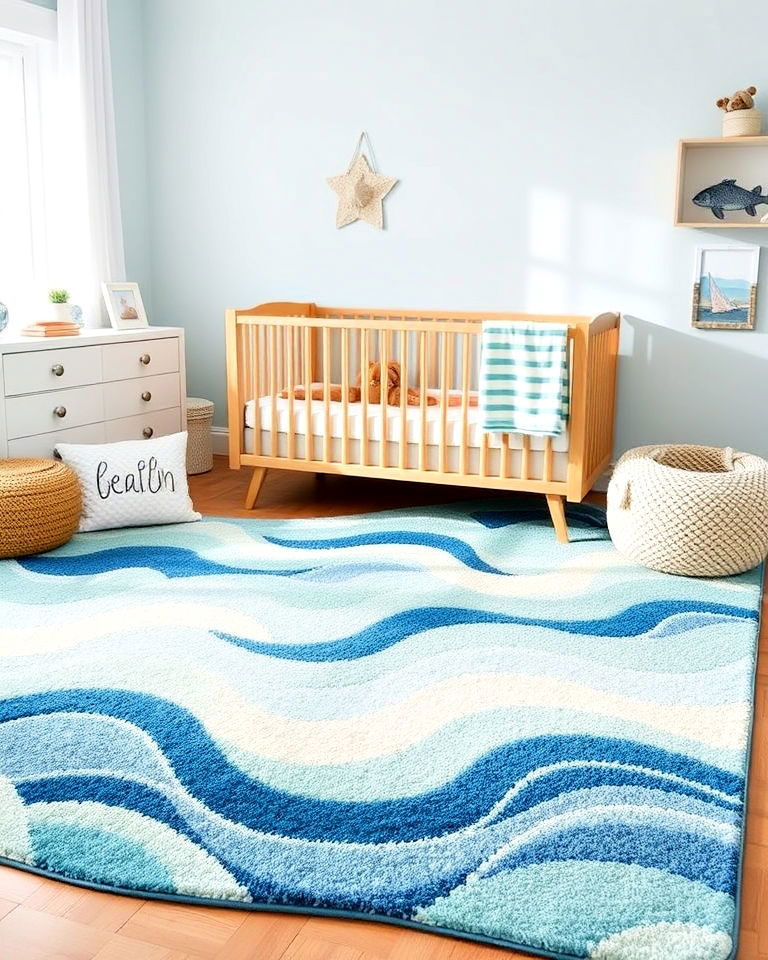 comfortable marine inspired rug with waves - 25 Nautical Nursery Ideas
