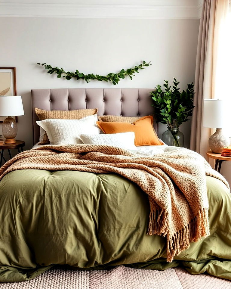 comfortable olive green bedding with layered textures - 25 Olive Green Bedroom Ideas