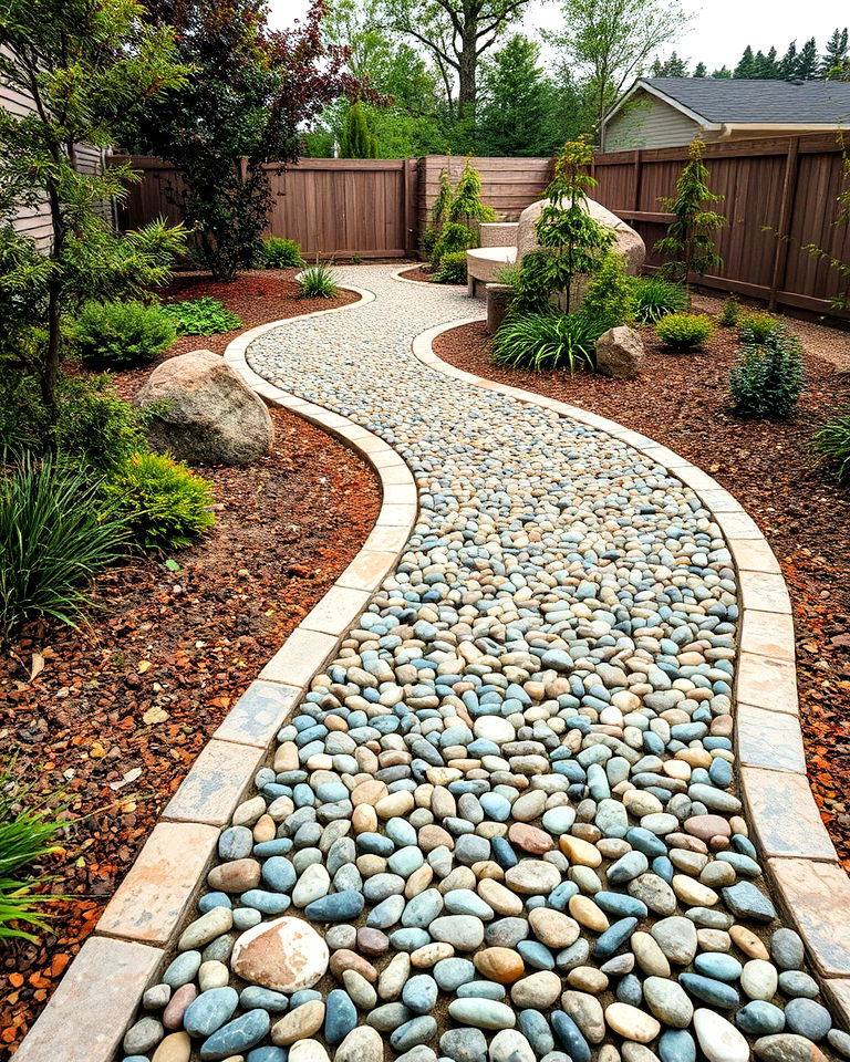 comfortable pebble mosaic curved path - 25 Curved Walkway Ideas
