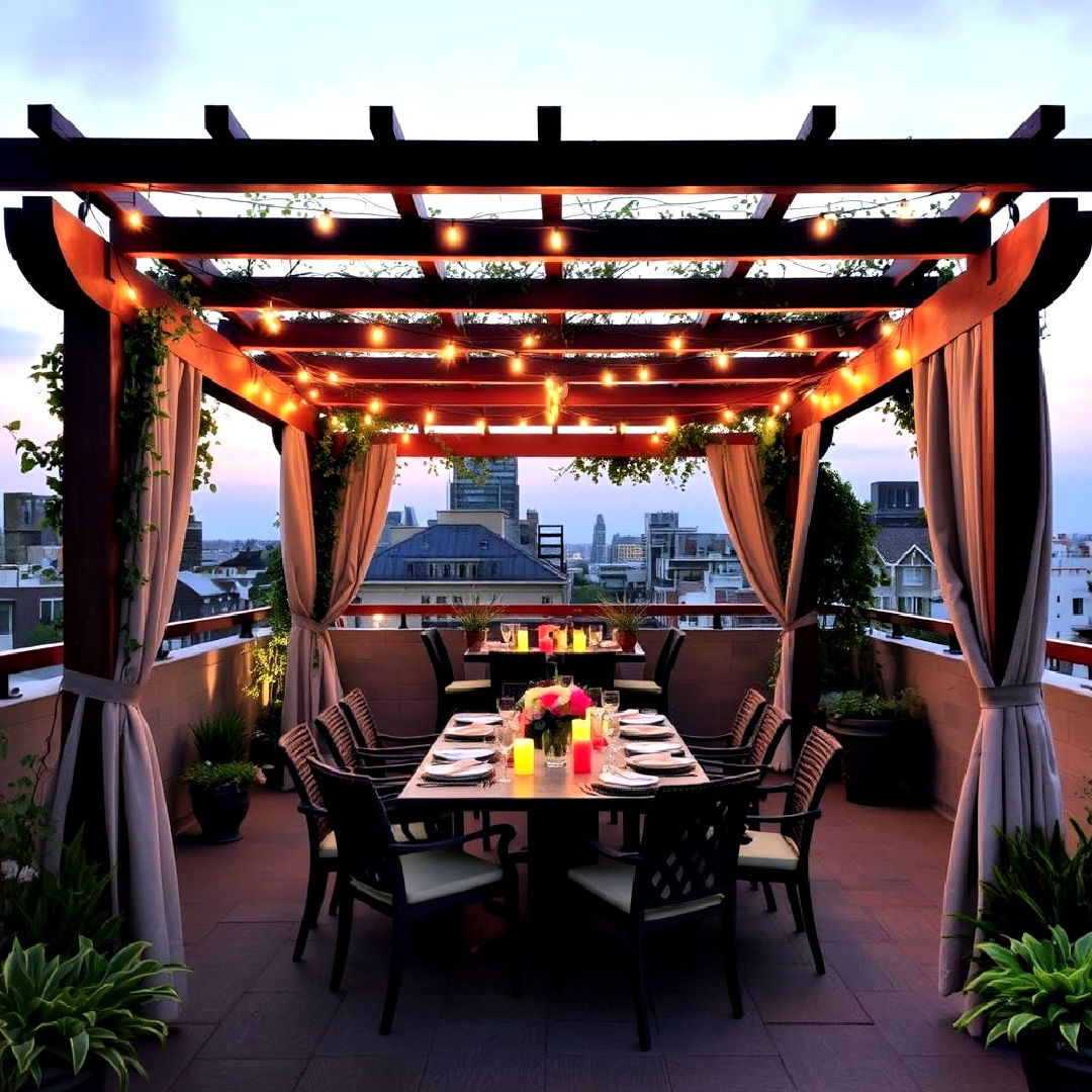 comfortable rooftop dining pergola - 40 Rooftop Deck Ideas