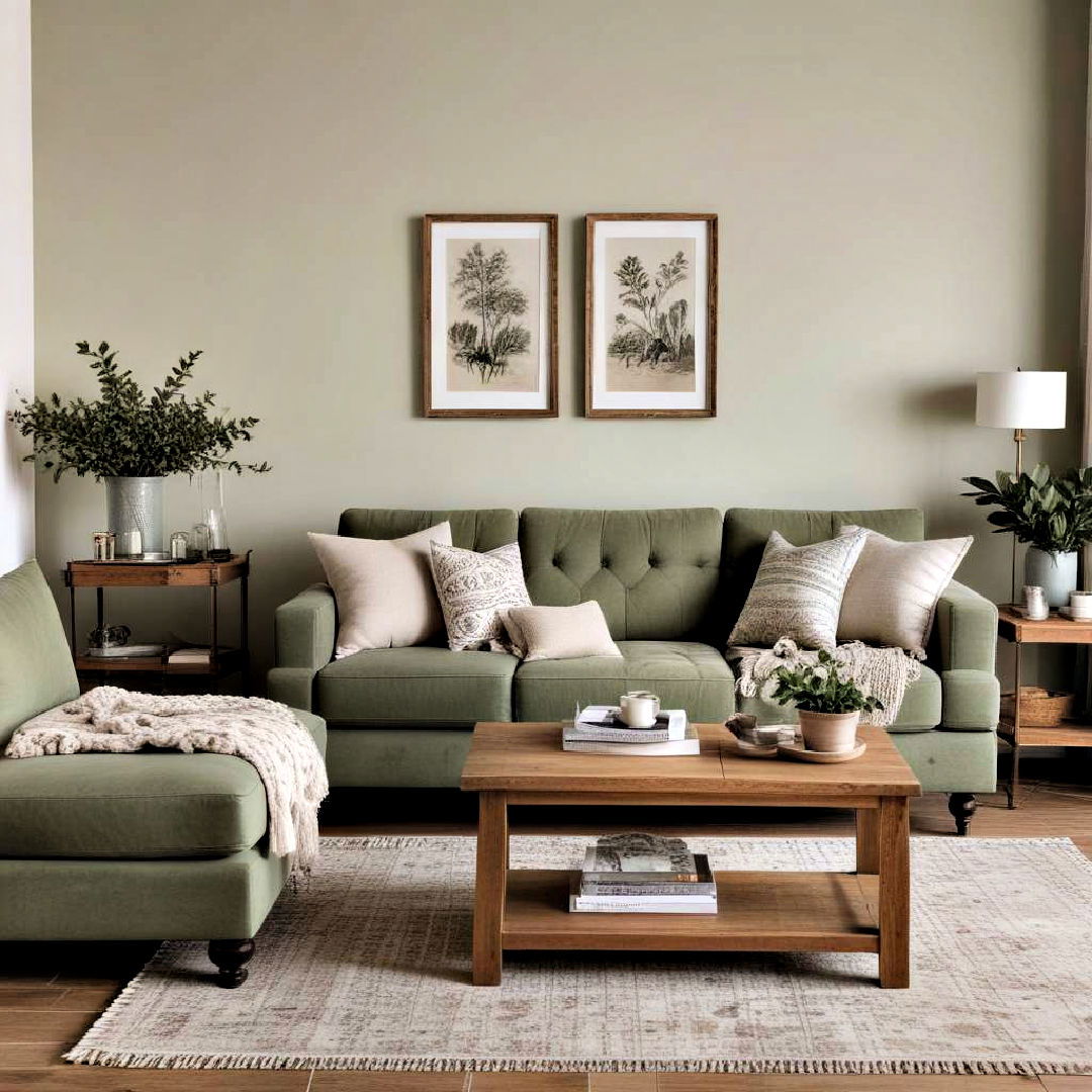 comfortable upholstered couch - 25 Rustic Sage Green Living Room Ideas