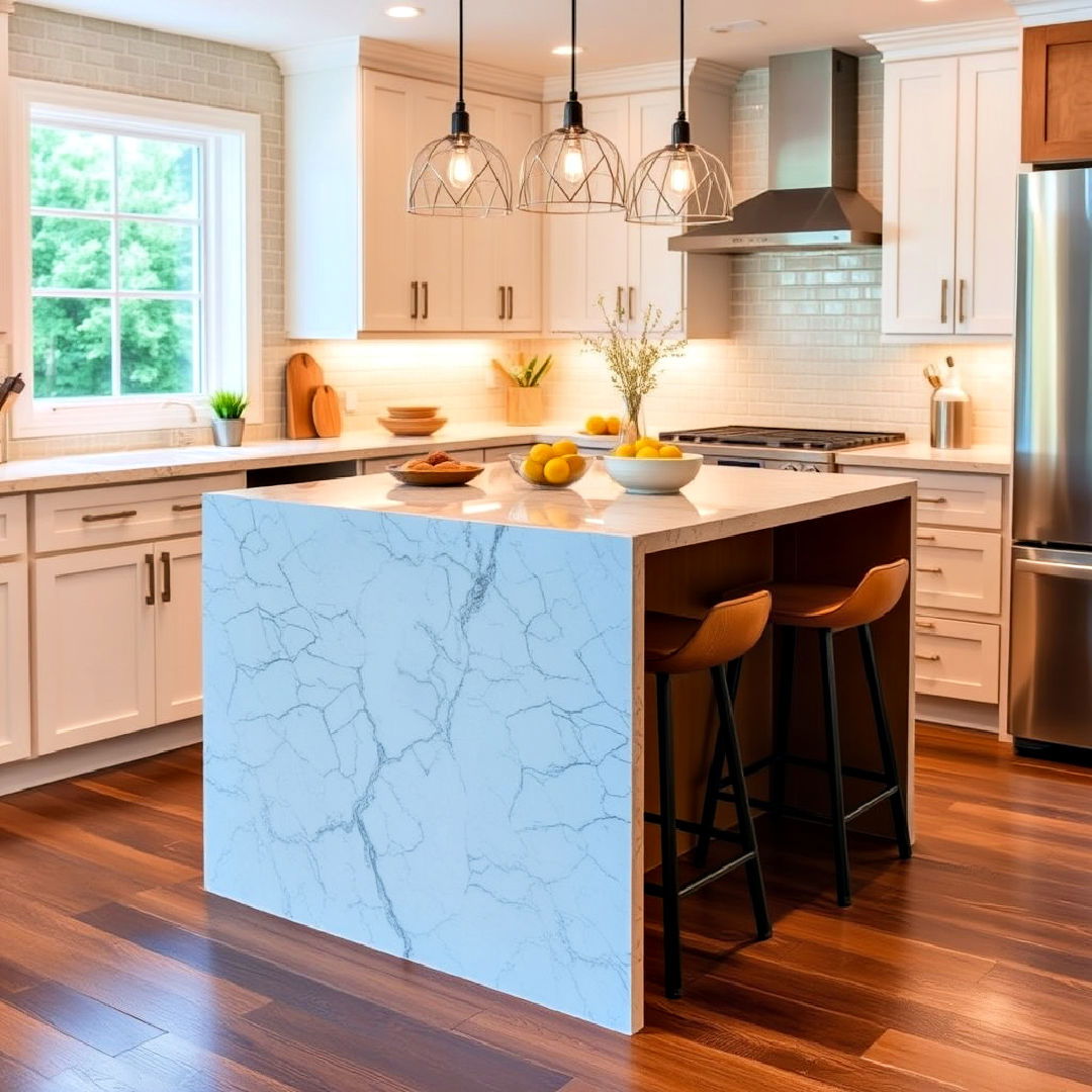 compact island for tight space - 15 Waterfall Kitchen Island Ideas