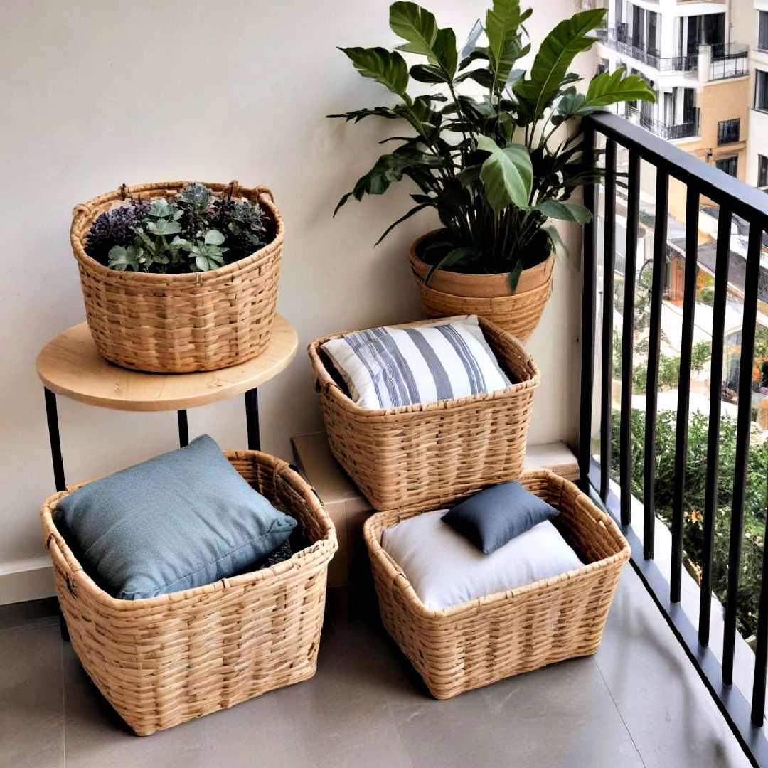 compact storage baskets to store cushions - 30 Small Balcony Ideas