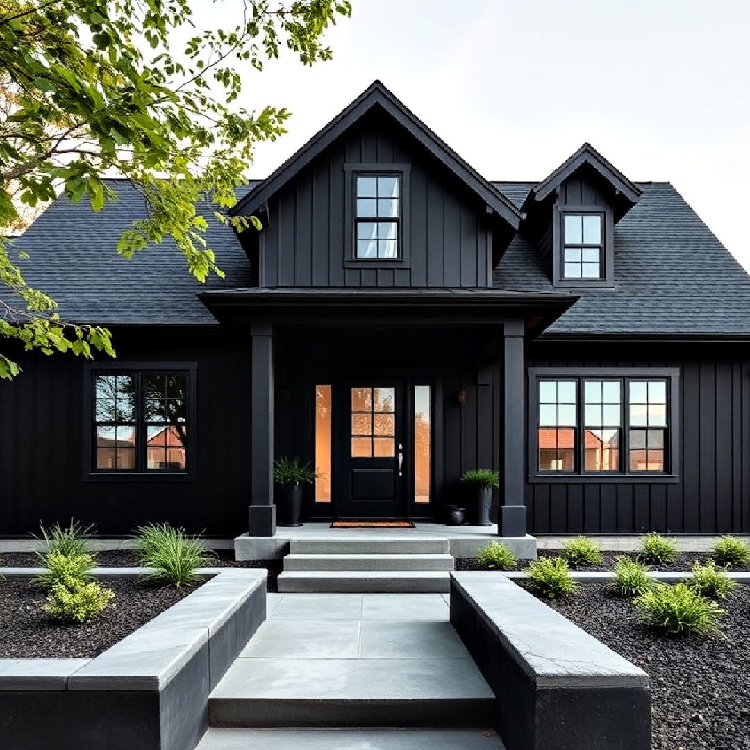 concrete accents for black modern farmhouse exterior - 40 Black Modern Farmhouse Exterior Design Ideas
