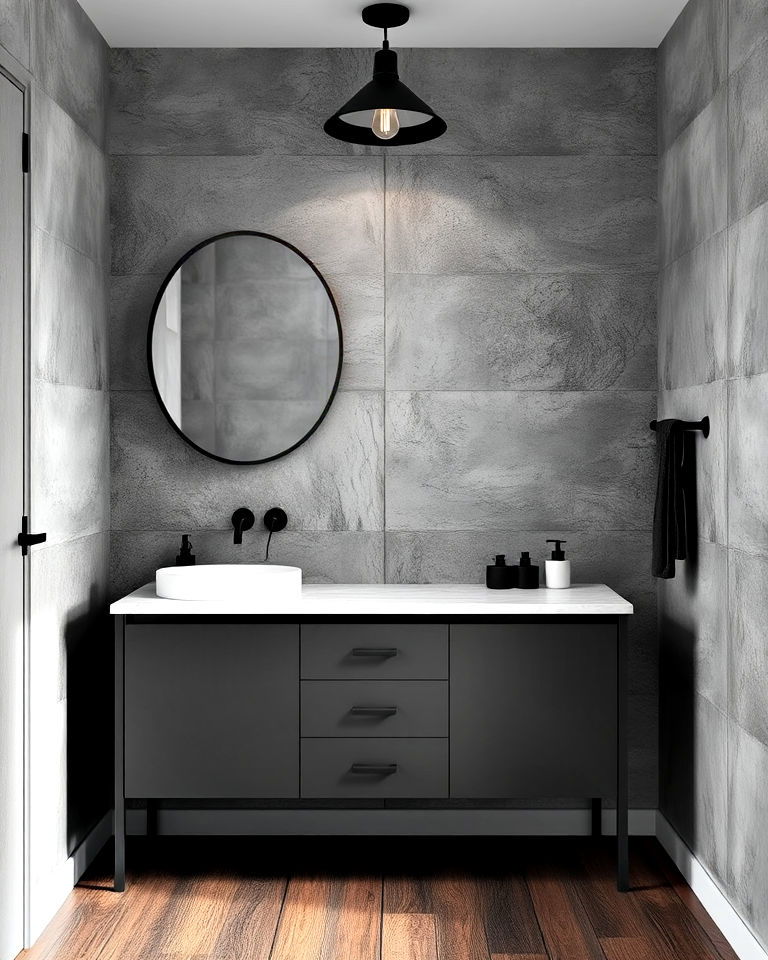 concrete bathroom with black accents - 30 Concrete Bathroom Ideas