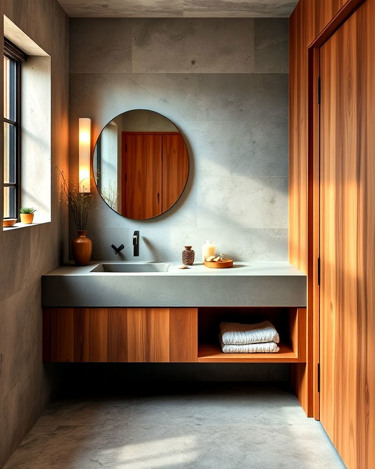 concrete bathroom with wood accents - 30 Concrete Bathroom Ideas