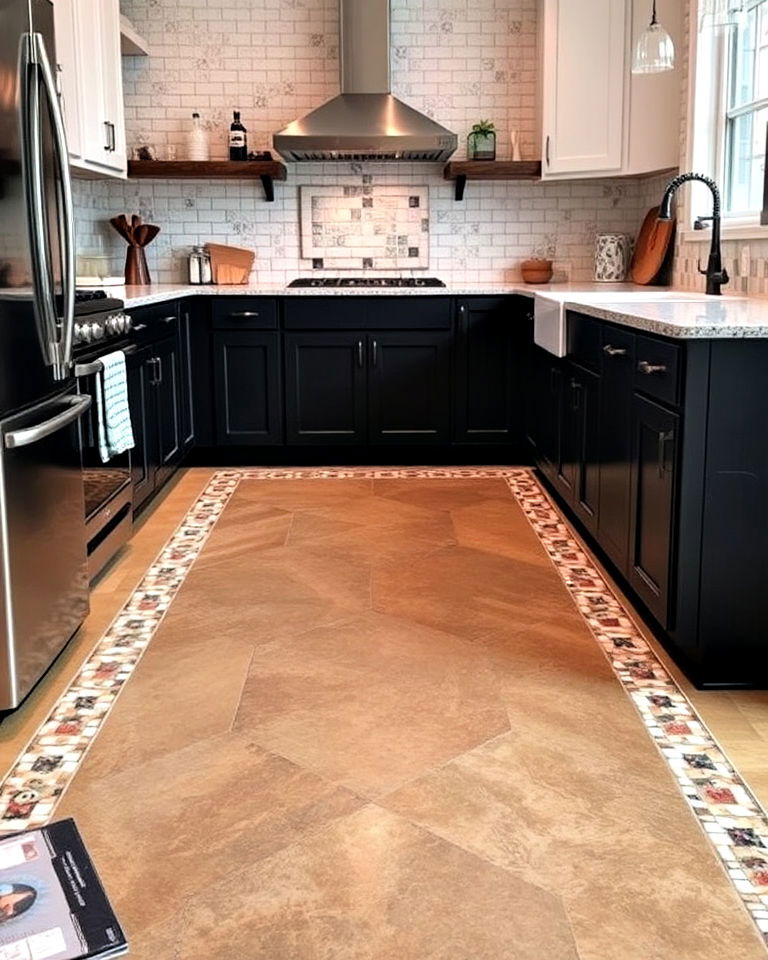 concrete floor kitchen with mosaic inlays - 25 Concrete Floor Kitchen Ideas