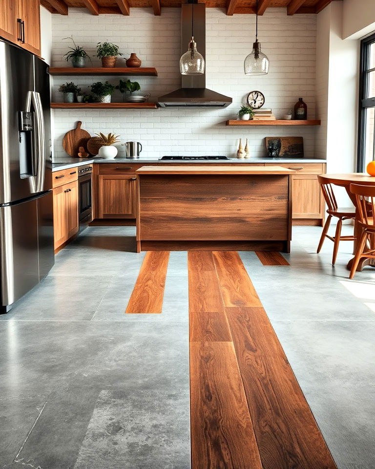 concrete floor kitchen with wood inlay - 25 Concrete Floor Kitchen Ideas