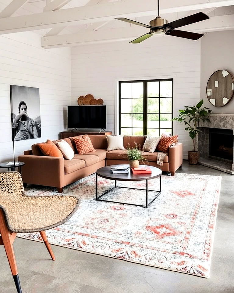 concrete floor living room with area rug - 20 Concrete Floor Living Room Ideas