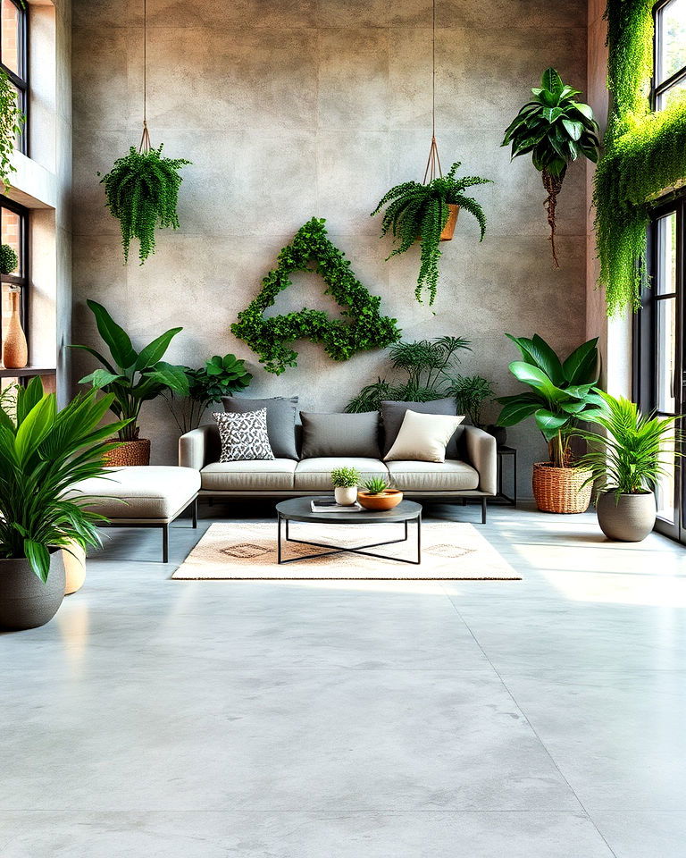concrete floor living room with greenery and plants - 20 Concrete Floor Living Room Ideas
