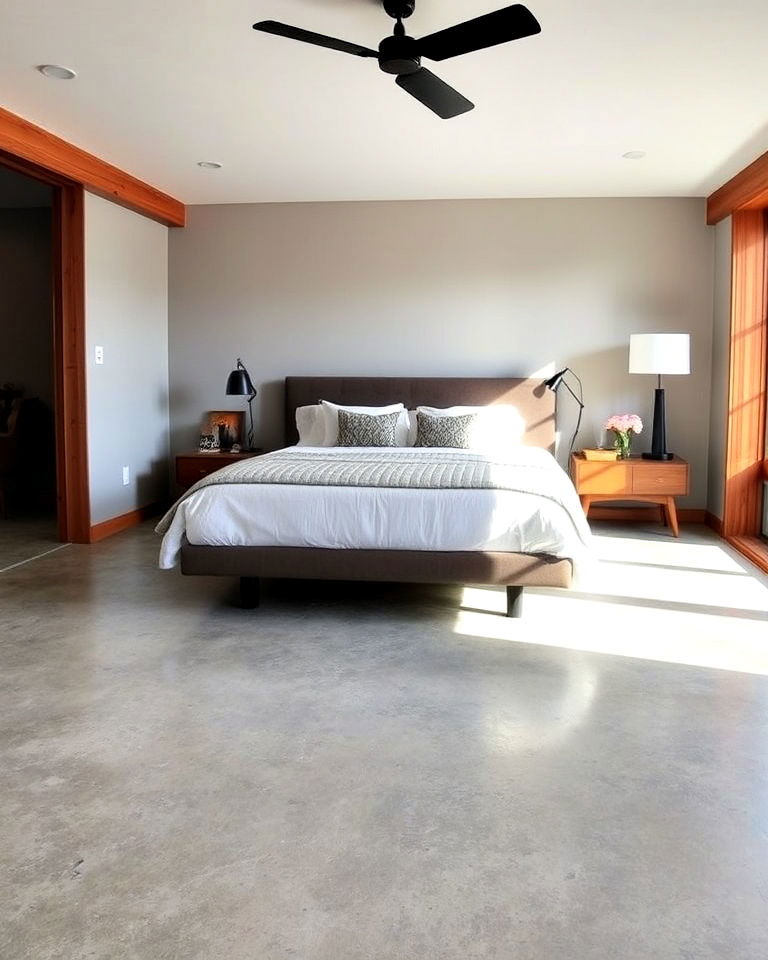 concrete floor with wood accents for bedroom - 20 Concrete Floor Bedroom Ideas