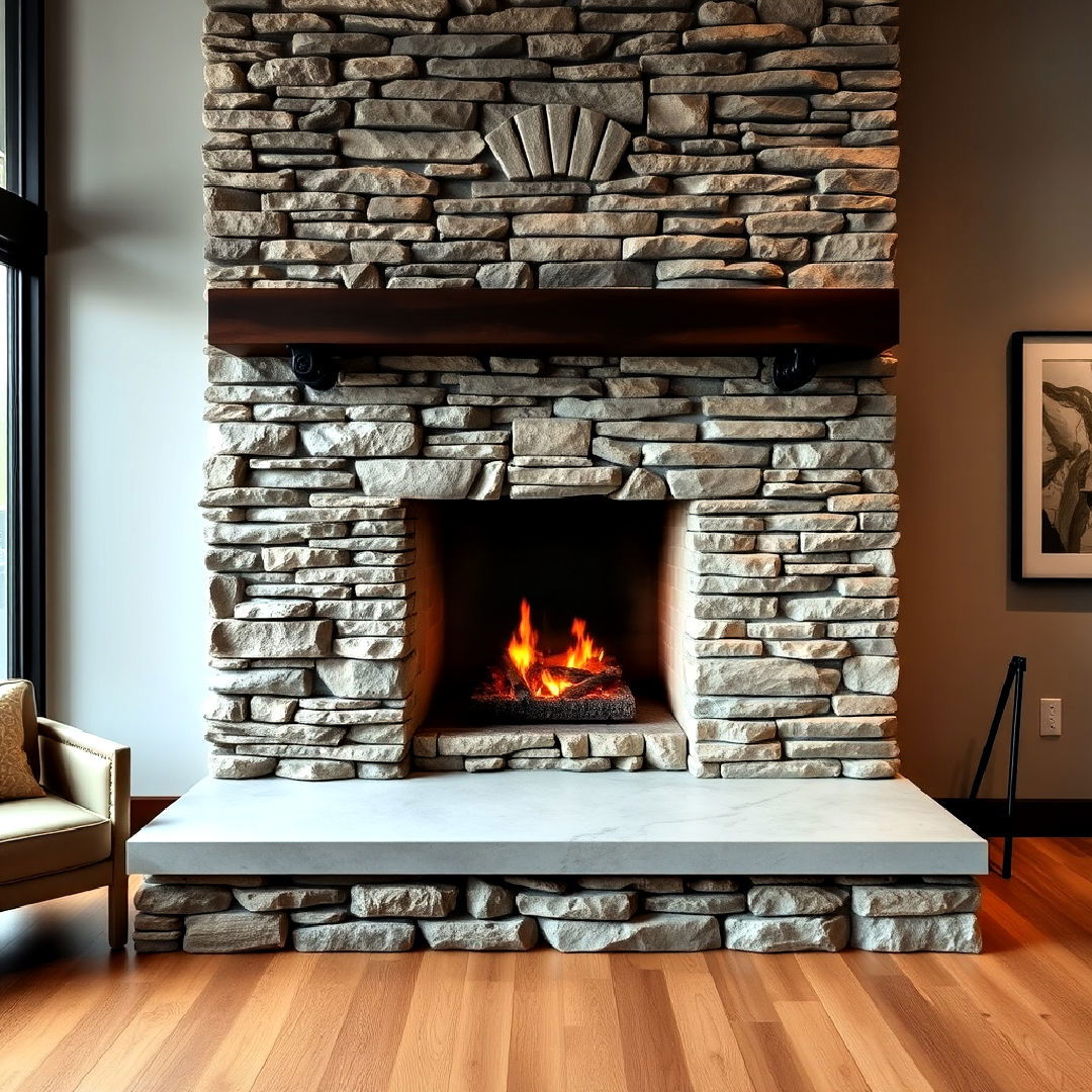 concrete hearth for stacked stone fireplace - 25 Stacked Stone Fireplace Ideas