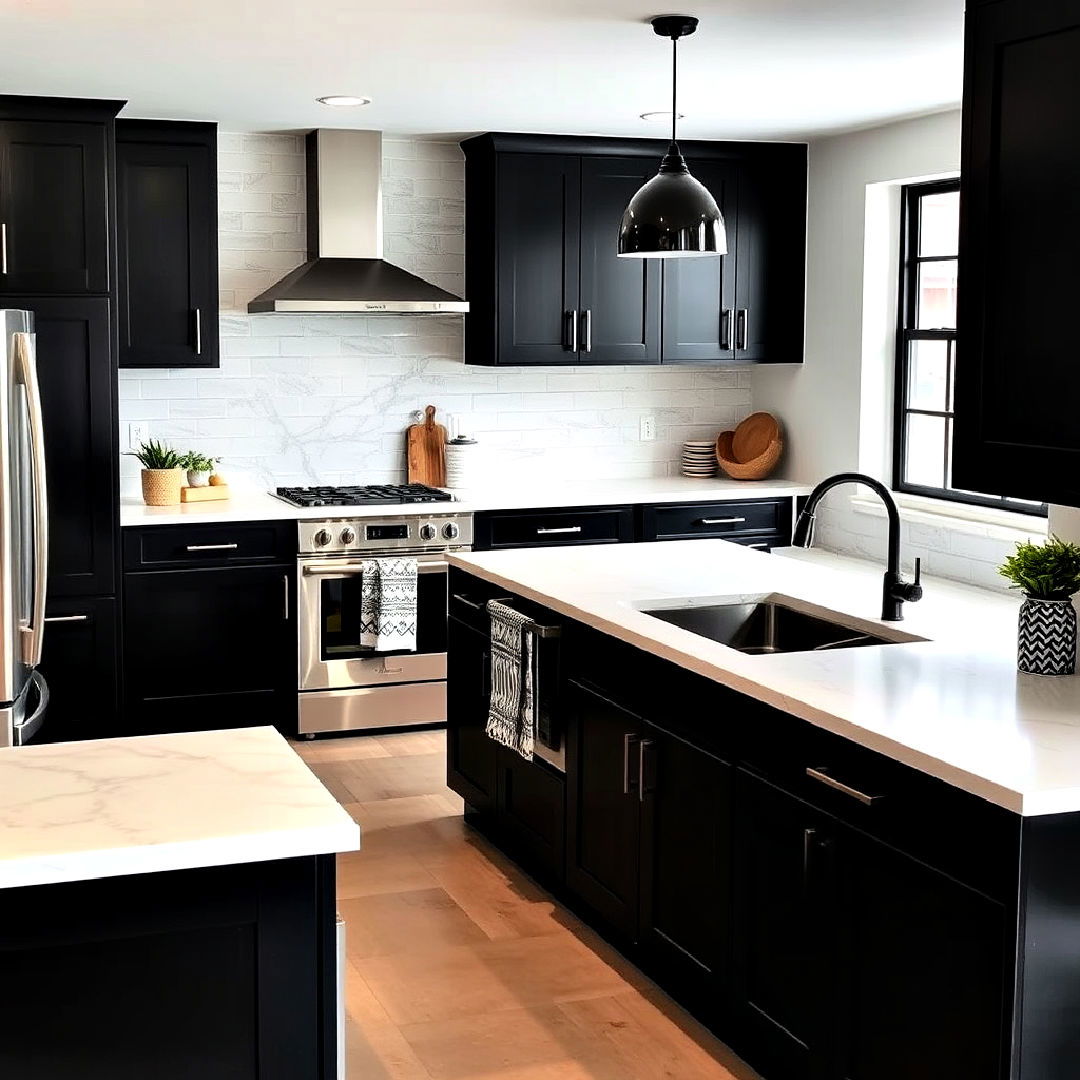 concrete look quartz countertops and black cabinets - 15 Black Kitchen Cabinets With White Countertops