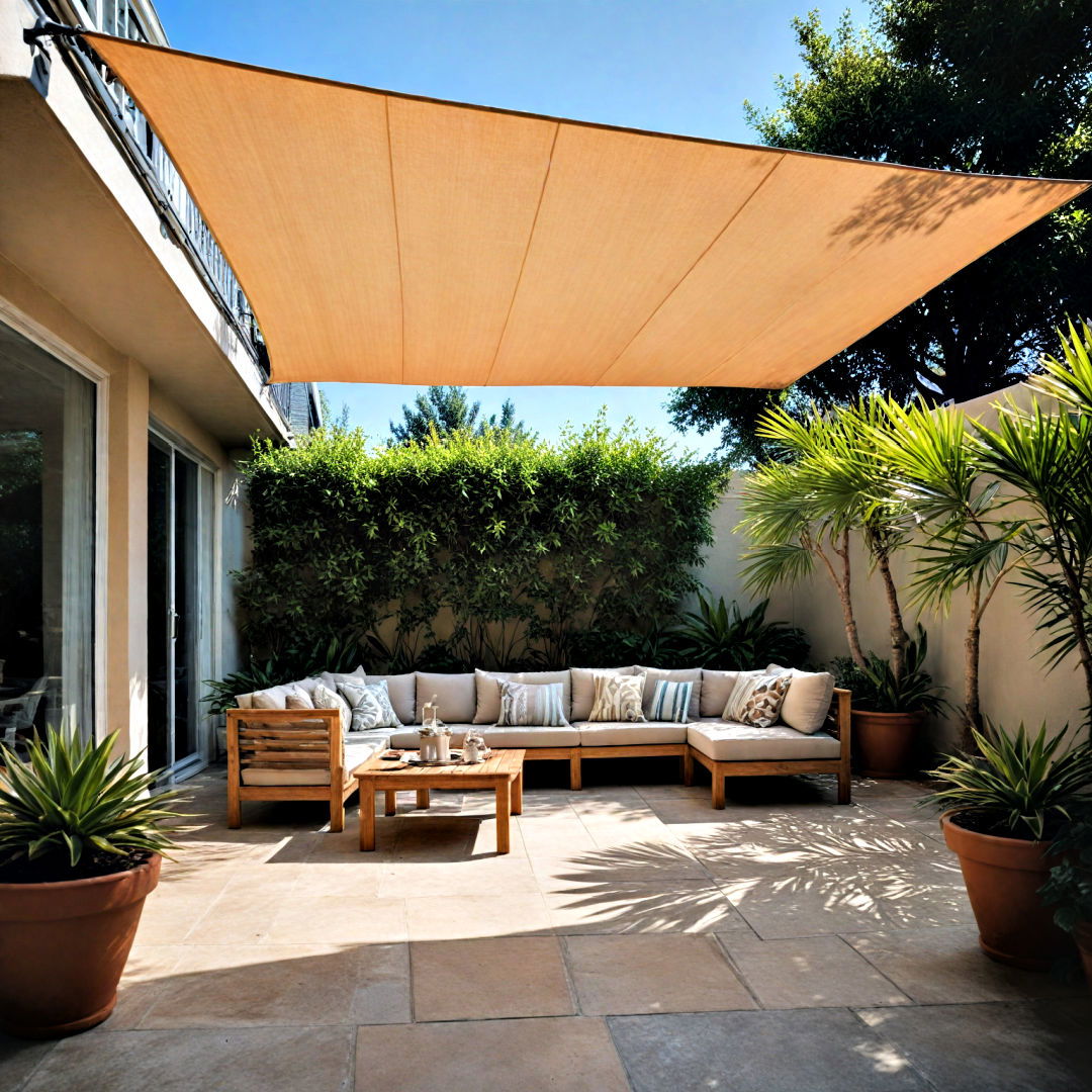 concrete patio with shade sail idea - 40 Concrete Patio Ideas