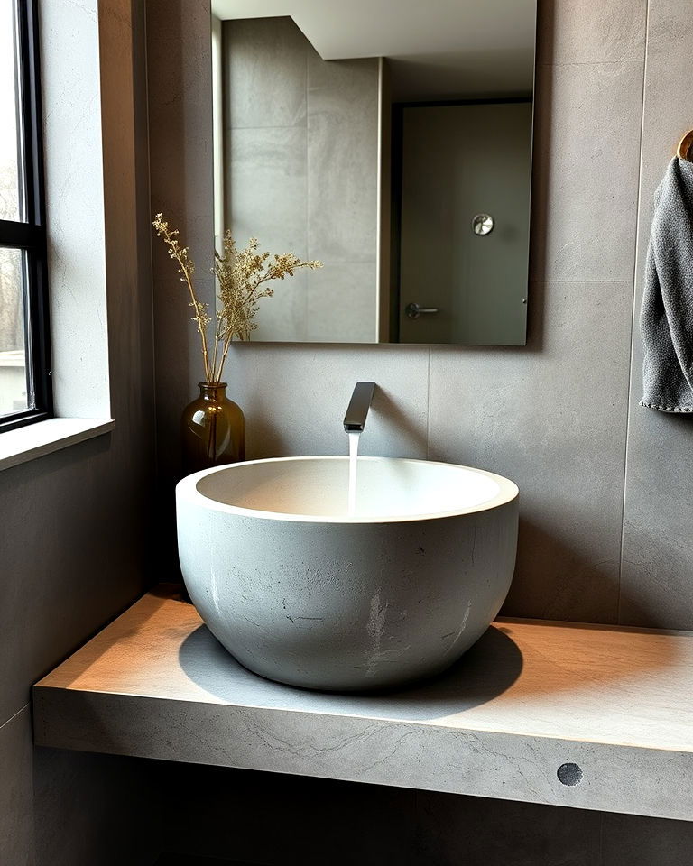 concrete sink basin for bold statement - 30 Concrete Bathroom Ideas