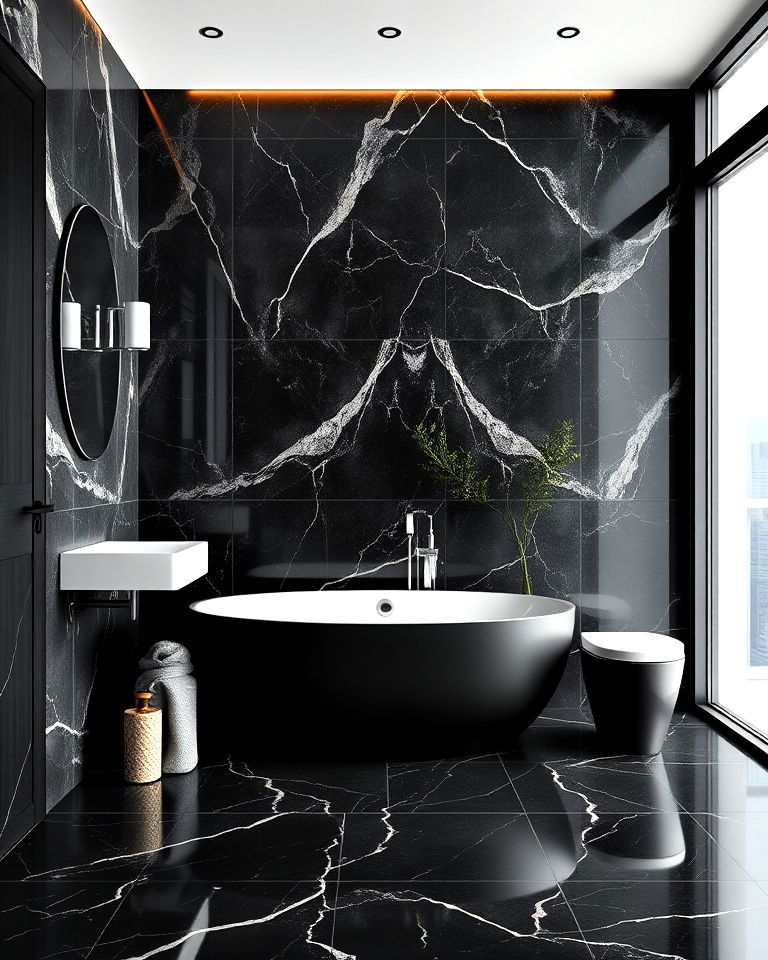 contemporary black marble tiles for sleek look - 20 Black Marble Bathrooms