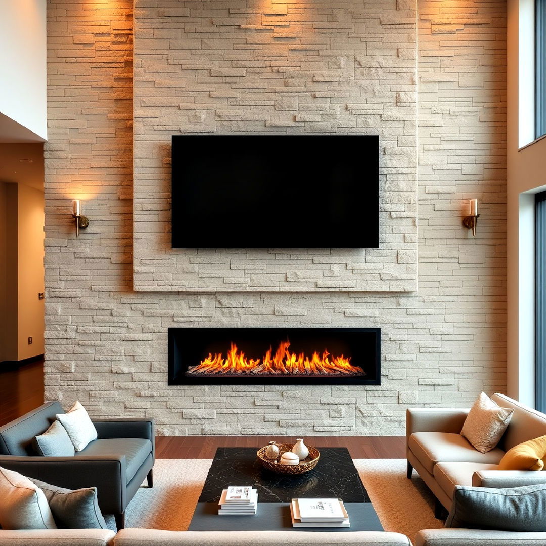 contemporary linear fireplace with stone cladding - 25 Two-story Fireplace Ideas