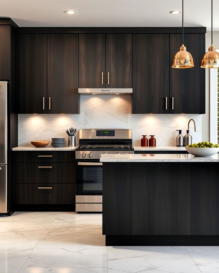 contemporary look dark birch cabinets - 30 Dark Wood Kitchen Cabinets