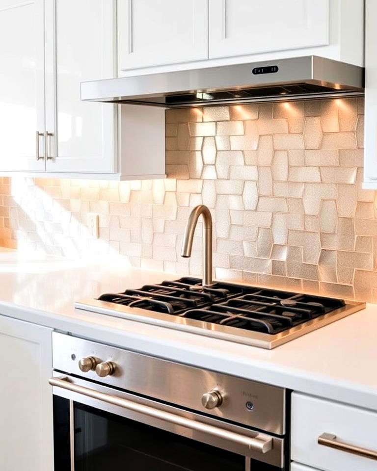 contemporary twist with metallic finishes backsplash - 40 Kitchen Backsplash Ideas for White Cabinets