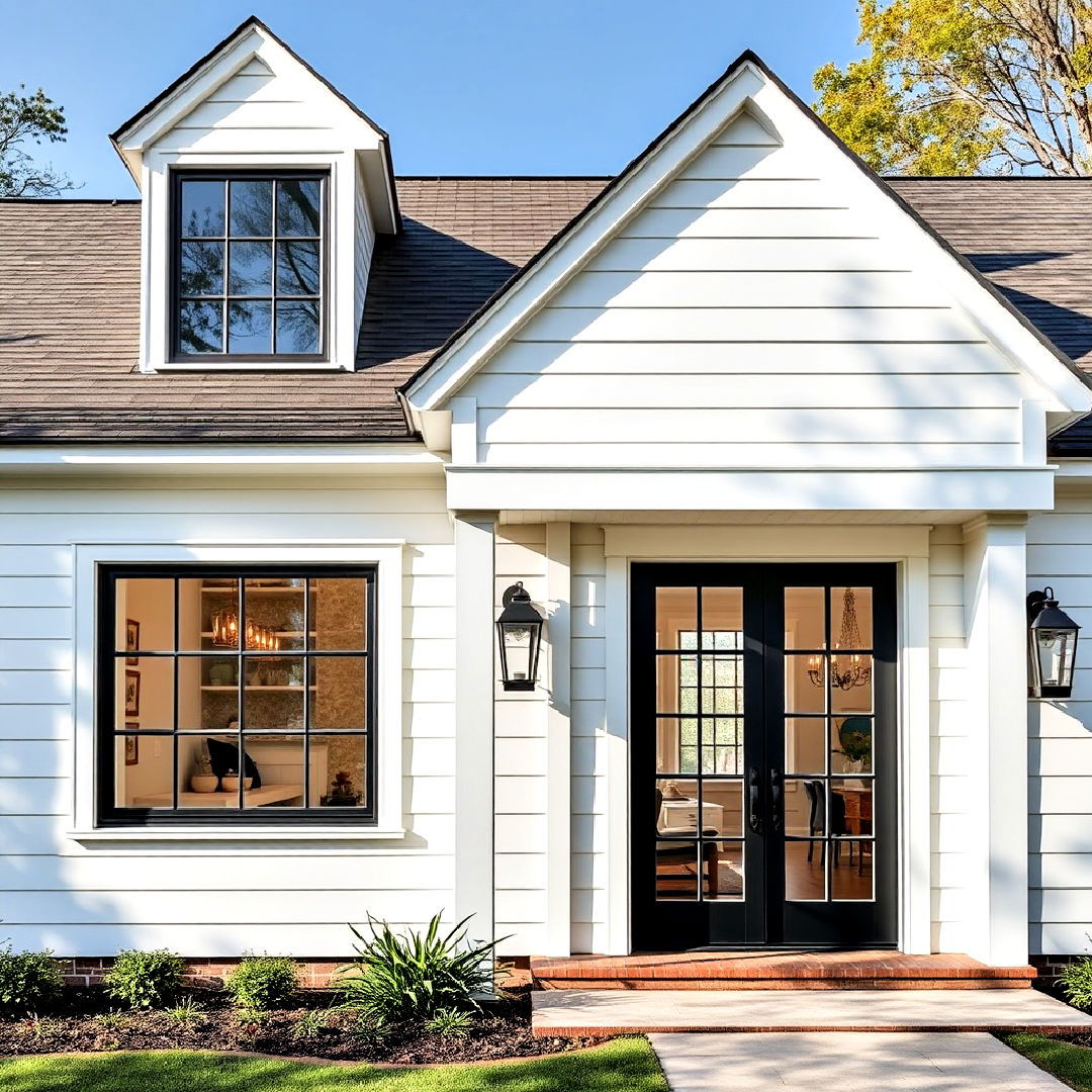 contemporary white farmhouse with black grid windows and glass doors - 25 White Farmhouse With Black Windows Ideas