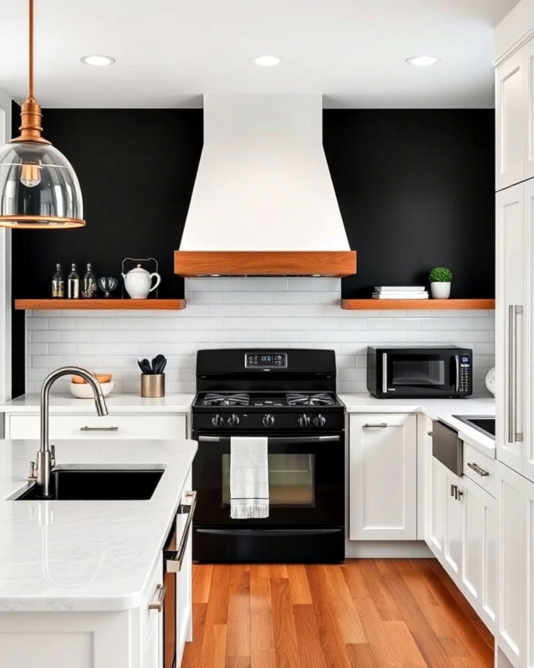 contemporary white kitchen and bold black accent walls - 25 White Kitchen with Black Appliances Ideas