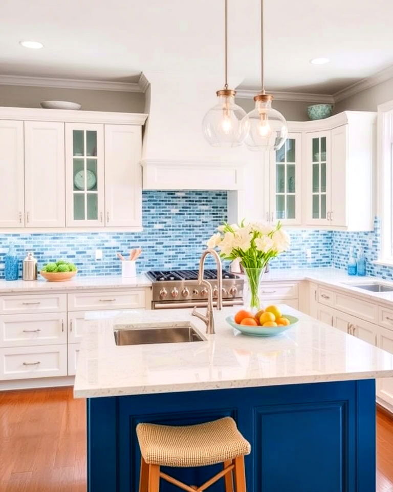 coordinated backsplash for white kitchen and navy blue island - 30 White Kitchen Cabinets With Blue Island
