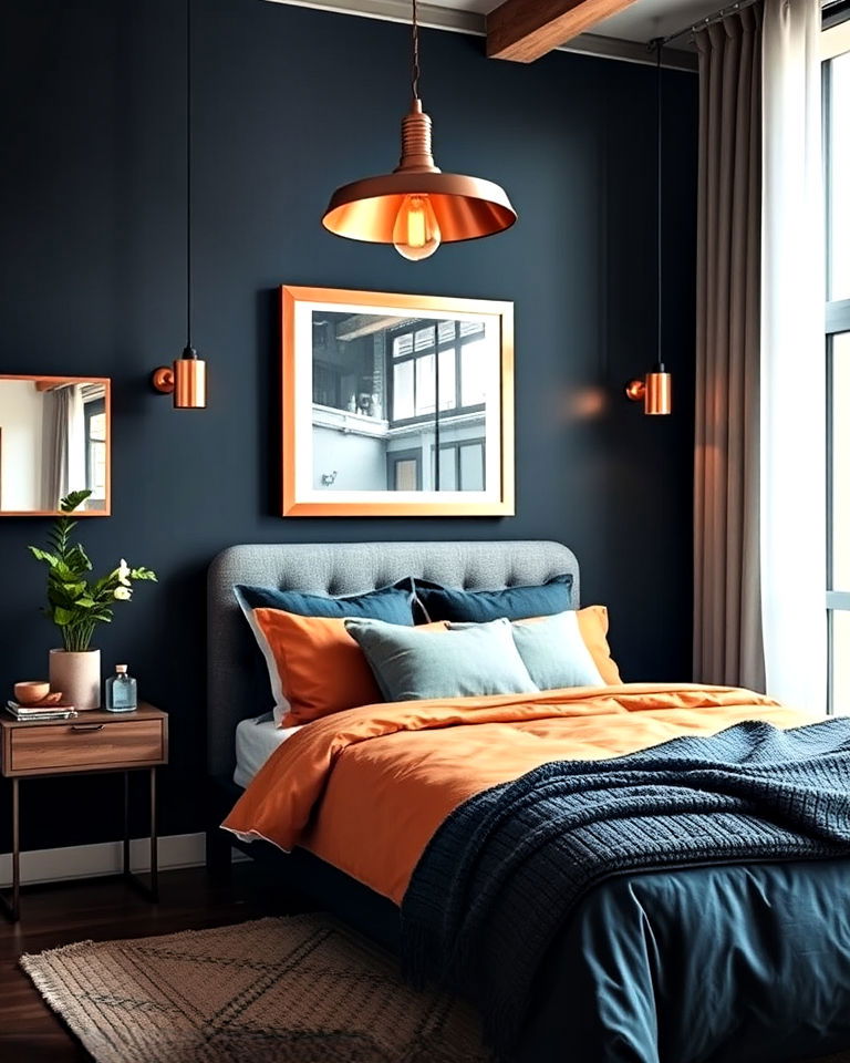 copper accents for dark blue bedroom - 30 Dark Blue Bedroom Ideas