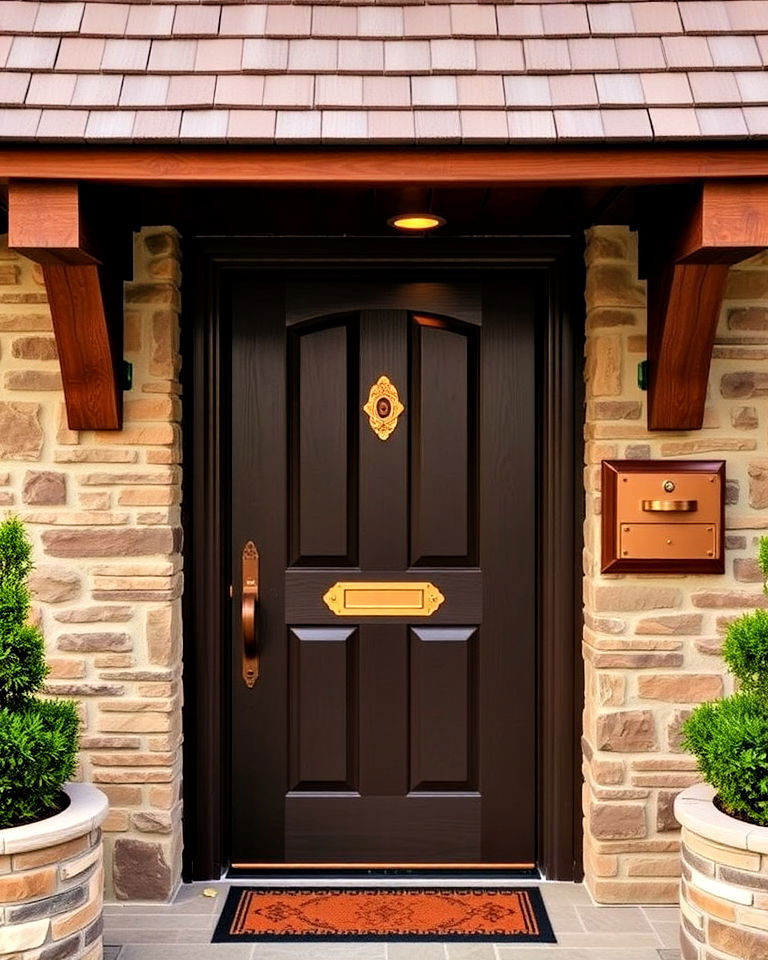 copper accents for dark brown cottage door - 25 Cottage Front Door Ideas