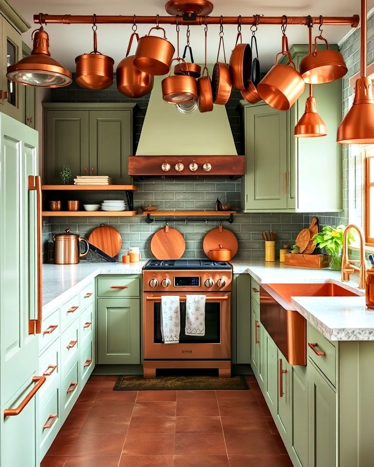 copper accents for sage green cabinets - 20 Rustic Sage Green Kitchen Cabinets