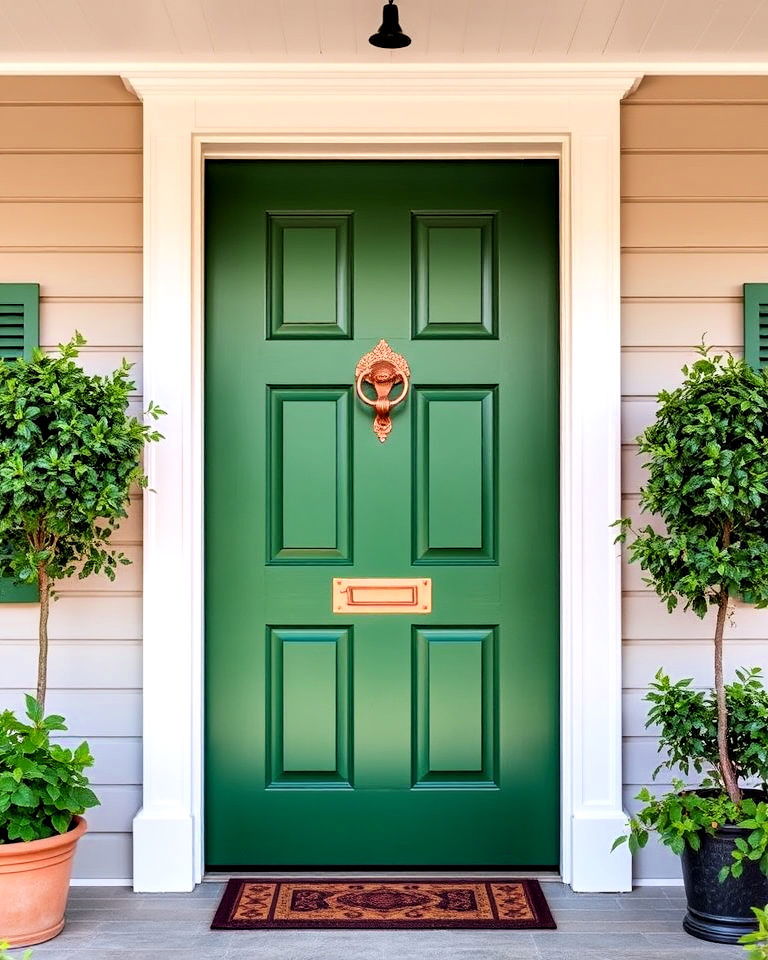 copper accents with bold green colonial door - 20 Colonial Front Door Ideas