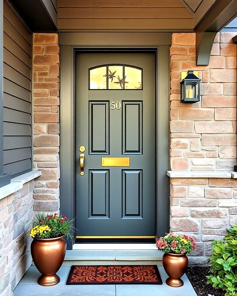 copper accents with matte grey front door - 25 Grey Front Door Ideas