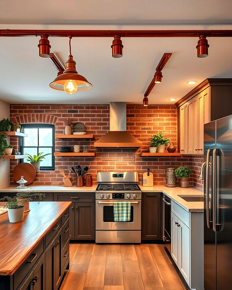 copper finish track lighting for vintage charm - 20 Kitchen Track Lighting Ideas